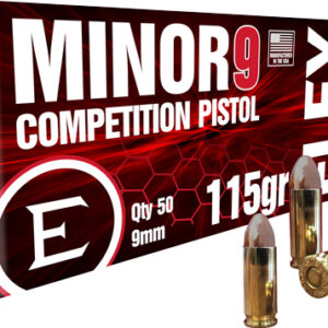 Box labeled Minor9 Competition Pistol 9mm ammo with two bullets in front