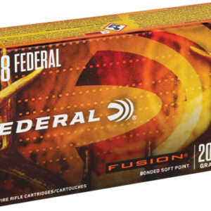 Box of .338 Federal Fusion bonded soft-point rifle cartridges: 20 rounds, 200 grain, made in the USA.