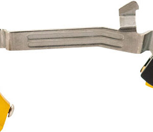 Long metal clamp/tool with yellow plastic accents, showing a curved arm and black handle, likely a locking or fastening clamp in a separated configuration.