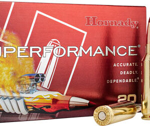 Red Hornady Superformance ammunition box with two rifle cartridges standing upright beside it, on a white background.
