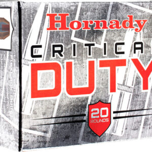 Box of Hornady Critical Duty ammunition, 20 rounds; gray box with red Hornady logo and bold 'CRITICAL DUTY' lettering