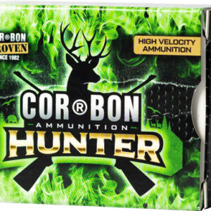 Box of Cor-Bon Hunter high-velocity hunting ammunition with a deer emblem and bright green graphics