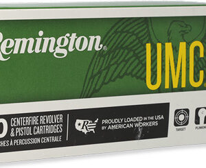 Remington UMC ammunition box with two copper bullets beside it, labeled for 50 centerfire revolver and pistol cartridges non-specific to model or caliber.