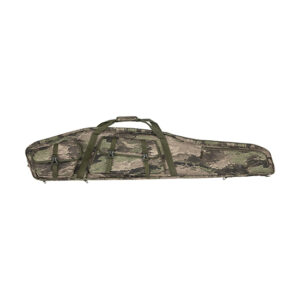 Camouflage rifle case with carrying straps and buckles on a white background, empty and ready for use