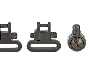 Two black metal clamp-style brackets with U-shaped loops, plus a knurled screw and a small threaded pin.