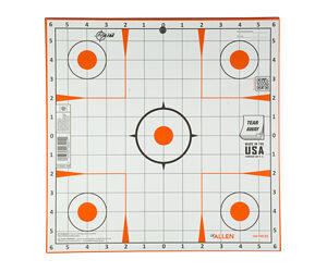 Paper shooting target on a gridded board with orange hits in each corner and a central bullseye; includes brand logos nearby.