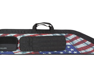 Long rifle case with an American flag pattern, featuring two exterior pockets and a carrying handle.