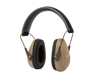 Over-ear headphones with tan ear cups and a black headband on a white background