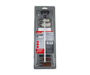 Blister-packaged cleaning brush set with metal and bristle tools in a gray plastic tray.