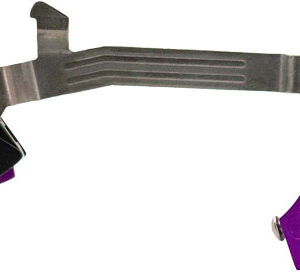 Two purple-and-black bicycle derailleur components connected by a long metal arm, likely parts of a shifting/braking mechanism.