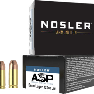 Nosler ammunition box with 9mm Luger 124 grain JHP rounds and two bullets beside it