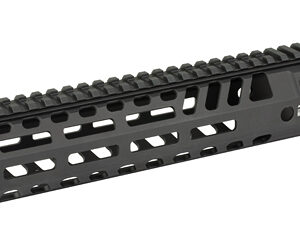 Black AR-style rifle handguard with multiple mounting slots and a top Picatinny rail for accessory attachment.