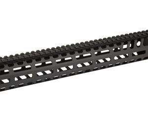 Long black rifle handguard with a top rail and perforated side slots, shown in a horizontal orientation