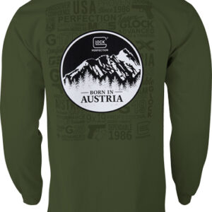 Olive green long-sleeve shirt with a circular back patch showing mountains, the text 'Born in Austria', and a Glock logo.
