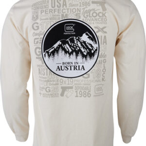 Back of a beige long-sleeve shirt featuring a large circular logo with mountains and the words 'Born in Austria'.