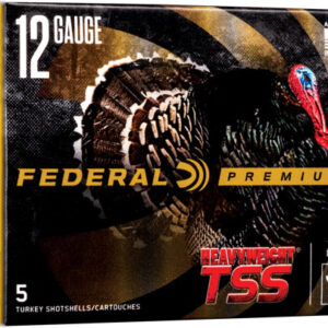 Box of Federal Premium 12 gauge heavyweight TSS turkey shotshells; contains 5 shells, packaging features a turkey image and bold branding.