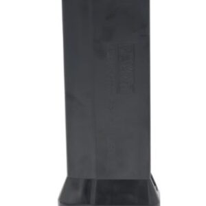 Detachable dark gray handgun magazine with a tan base plate and a small bottom tab.