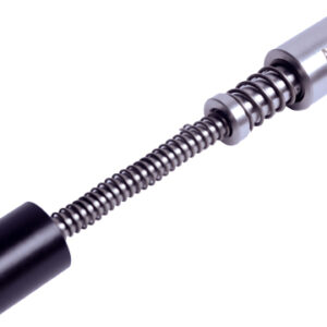 Spring-loaded metal tool with a coiled spring and a black end cap at one end.