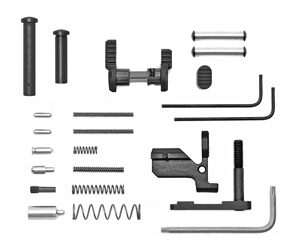 Assortment of hardware components and Allen wrenches, including pins, screws, springs, and a small clamp piece.