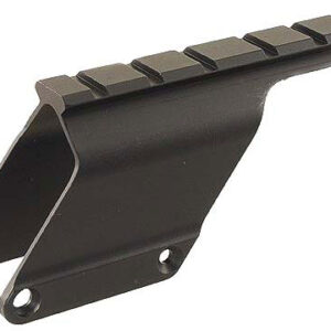 Black metal Picatinny rail mount with two mounting holes, used to attach accessories to a firearm
