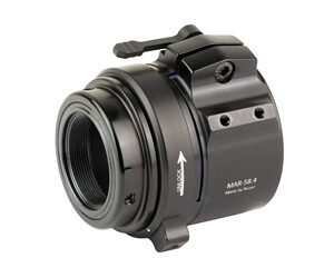 Black industrial camera lens/adapter with threaded mount on the left and a compact housing; MAR-58 label visible on the side for machine-vision use.