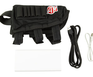 Black Velcro-topped tactical pouch with multiple compartments, plus a USB cable, a white cable, and a blank white card beside it.