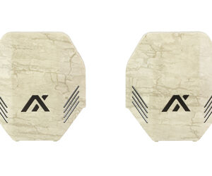 Pair of beige octagonal coasters with a stone texture and a black angular logo, each featuring gray diagonal stripes.