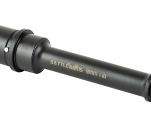 Black 9mm muzzle device with a threaded end, labeled 'Battle Arms 9mm' on the body.