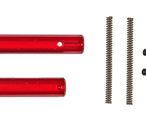 Red metal mounting brackets with plates, along with two long screws and two black end caps (hardware kit).