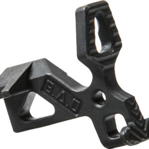 Black plastic mounting clip with a clamping jaw and central screw hole, used to attach an accessory.