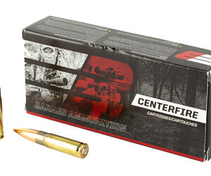 Centerfire ammunition box with two rifle cartridges, one standing and one lying beside it.