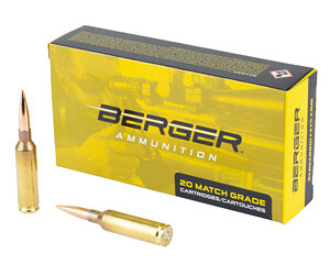 Yellow Berger Ammunition box labeled '20 Match Grade Cartridges' with two rifle bullets, one standing upright and one lying on its side.
