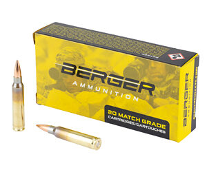 Yellow Berger Ammunition box labeled '20 Match Grade Cartridges' with two rifle bullets beside it.
