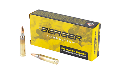 BB65230301 GunHippo Yellow Berger Ammunition box labeled '20 Match Grade Cartridges' with two rifle bullets beside it.