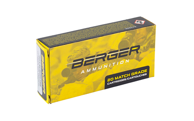 BB65230302 GunHippo Yellow Berger Ammunition box labeled '20 Match Grade Cartridges' against a white background.