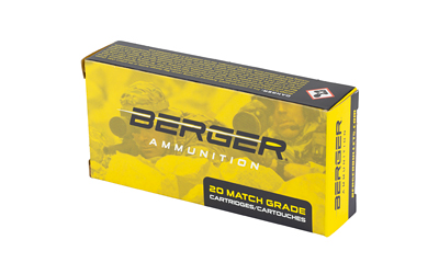 BB65230303 GunHippo Berger Ammunition 20 Match Grade cartridge box, yellow and black, angled view