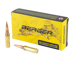 Yellow Berger Ammunition box labeled '20 Match Grade Cartridges' with two rifle bullets placed beside it.