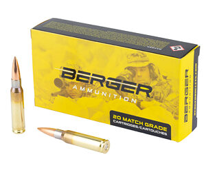 Box of Berger ammunition in bright yellow, with two rifle cartridges—one standing upright and one lying down—shown beside it.