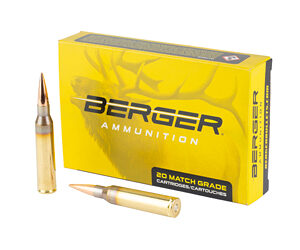Yellow Berger Ammunition box with two rifle cartridges standing and one lying flat beside it; box shows BERGER AMMUNITION and '20 MATCH GRADE CARTRIDGES'.