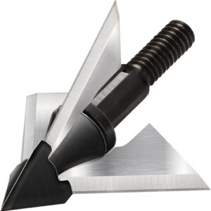 Three stainless steel blades arranged around a black cylindrical handle on a white background. A compact blade set with sharp edges forming a triangular composition.