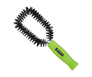 Green-handled flexible scrub brush with black bristles, shaped in a loop for cleaning.