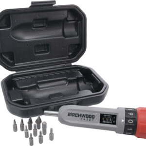 Open plastic case showing a Birchwood Casey precision screwdriver with a red dial and 12 interchangeable bits laid out in front