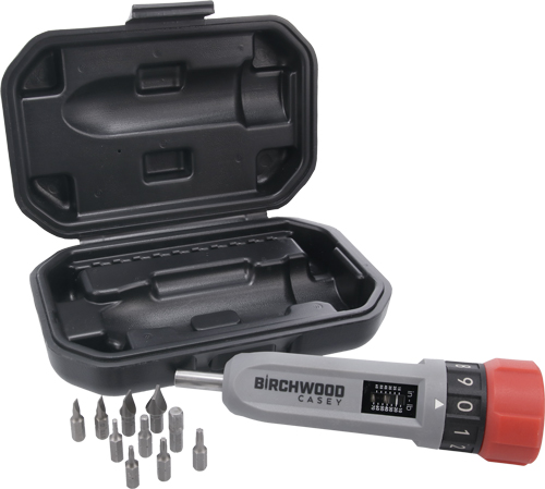 Open plastic case showing a Birchwood Casey precision screwdriver with a red dial and 12 interchangeable bits laid out in front