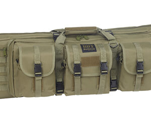 Long olive-drab tactical rifle case with MOLLE webbing, multiple external pockets, and carrying handles.