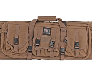Brown tactical rifle case with multiple zippered pockets, MOLLE straps, and a padded carrying handle for organizing gear.