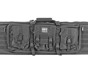 Long black tactical gun case with three front pouches, MOLLE straps, and a carry handle.