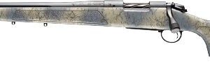 Bolt-action hunting rifle with a camouflage-pattern stock and long barrel.