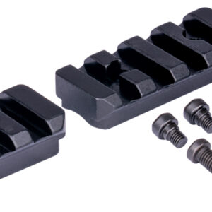 Two black rail adapter pieces with evenly spaced slots and eight mounting screws laid out beside them.