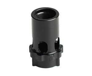 Black cylindrical metal adapter with inner threading and stabilizing notches at the base