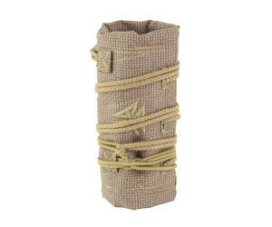 Rolled bundle of coarse burlap fabric bound with natural twine/string.